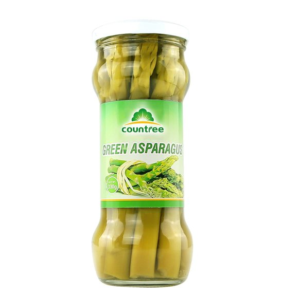 Green asparagus spears in jar
