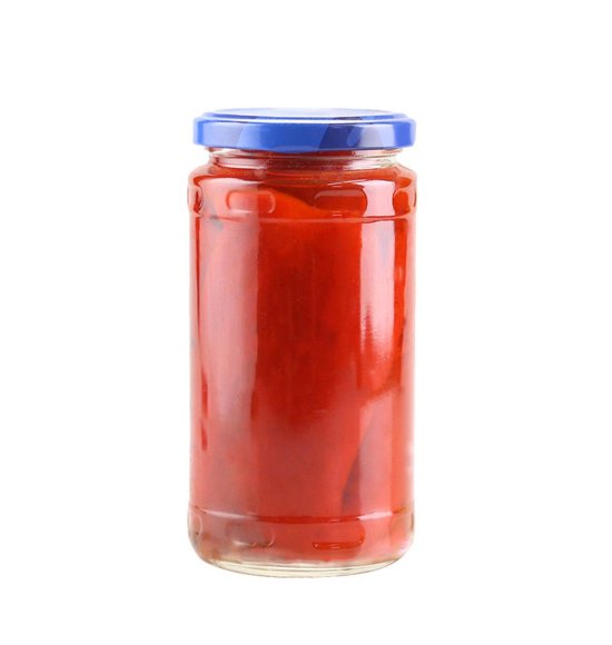 Marinated sweet pepper strips in glass jar